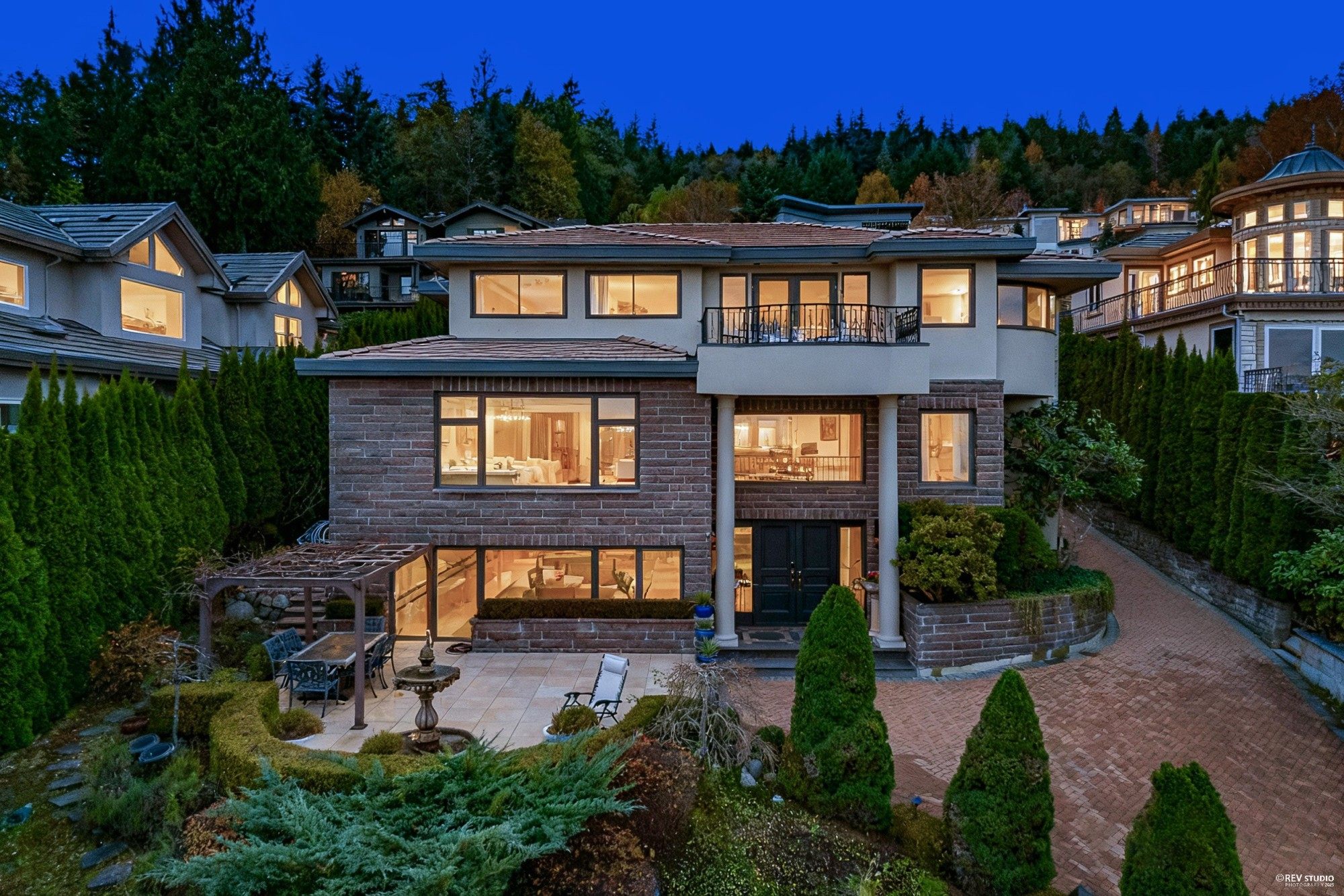 West Coast estate at twilight, aerial view